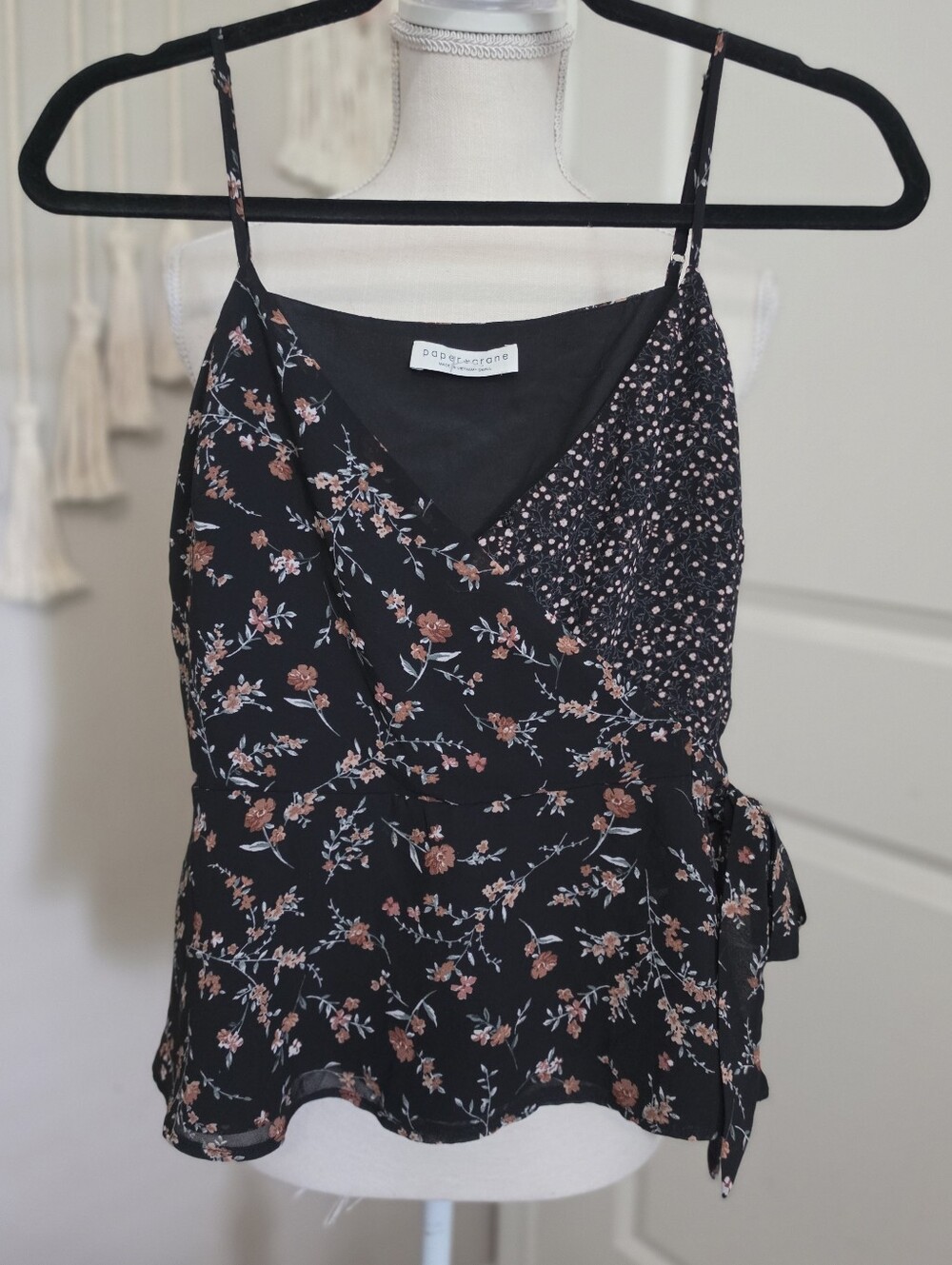Black Floral Faux Wrap Cami Top Elastic Cinched Waist